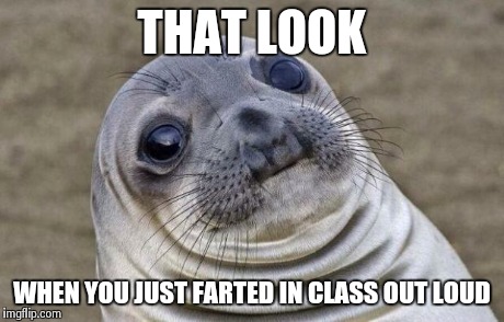 Awkward Moment Sealion | THAT LOOK WHEN YOU JUST FARTED IN CLASS OUT LOUD | image tagged in memes,awkward moment sealion | made w/ Imgflip meme maker