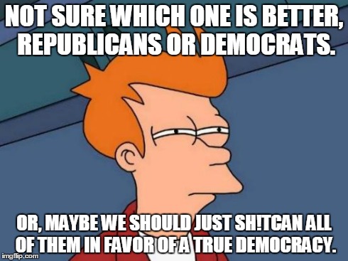 Futurama Fry Meme | NOT SURE WHICH ONE IS BETTER, REPUBLICANS OR DEMOCRATS. OR, MAYBE WE SHOULD JUST SH!TCAN ALL OF THEM IN FAVOR OF A TRUE DEMOCRACY. | image tagged in memes,futurama fry | made w/ Imgflip meme maker