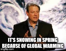 IT'S SNOWING IN SPRING BECAUSE OF GLOBAL WARMING | image tagged in funny,global warming,al gore,snowing | made w/ Imgflip meme maker
