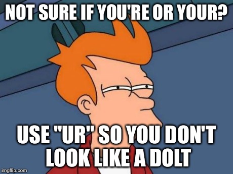 Futurama Fry Meme | NOT SURE IF YOU'RE OR YOUR? USE "UR" SO YOU DON'T LOOK LIKE A DOLT | image tagged in memes,futurama fry | made w/ Imgflip meme maker