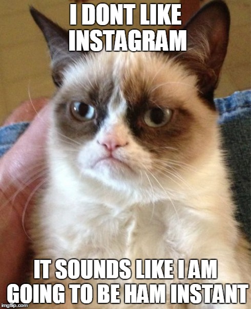 Grumpy Cat | I DONT LIKE INSTAGRAM IT SOUNDS LIKE I AM GOING TO BE HAM INSTANT | image tagged in memes,grumpy cat | made w/ Imgflip meme maker