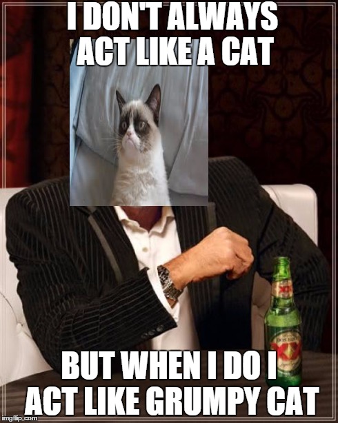 The Most Interesting Man In The World | I DON'T ALWAYS ACT LIKE A CAT BUT WHEN I DO I ACT LIKE GRUMPY CAT | image tagged in memes,the most interesting man in the world,grumpy cat | made w/ Imgflip meme maker