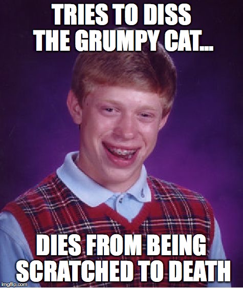 Bad Luck Brian Meme | TRIES TO DISS THE GRUMPY CAT... DIES FROM BEING SCRATCHED TO DEATH | image tagged in memes,bad luck brian | made w/ Imgflip meme maker