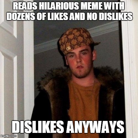 Scumbag Steve | READS HILARIOUS MEME WITH DOZENS OF LIKES AND NO DISLIKES DISLIKES ANYWAYS | image tagged in memes,scumbag steve | made w/ Imgflip meme maker