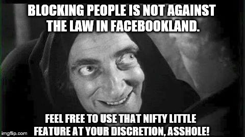 Marty Feldman | BLOCKING PEOPLE IS NOT AGAINST THE LAW IN FACEBOOKLAND. FEEL FREE TO USE THAT NIFTY LITTLE FEATURE AT YOUR DISCRETION, ASSHOLE! | image tagged in marty feldman | made w/ Imgflip meme maker