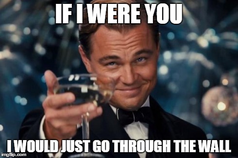 Leonardo Dicaprio Cheers Meme | IF I WERE YOU I WOULD JUST GO THROUGH THE WALL | image tagged in memes,leonardo dicaprio cheers | made w/ Imgflip meme maker