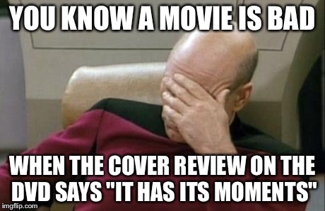 Captain Picard Facepalm | YOU KNOW A MOVIE IS BAD WHEN THE COVER REVIEW ON THE DVD SAYS "IT HAS ITS MOMENTS" | image tagged in memes,captain picard facepalm | made w/ Imgflip meme maker