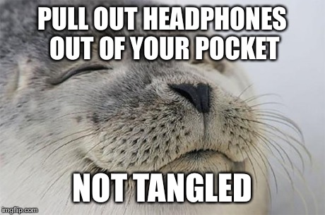 Satisfied Seal | PULL OUT HEADPHONES OUT OF YOUR POCKET NOT TANGLED | image tagged in memes,satisfied seal | made w/ Imgflip meme maker