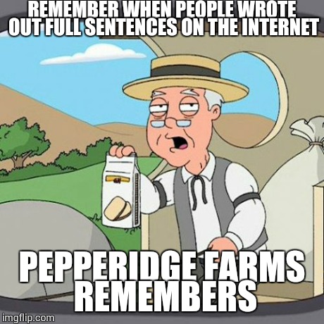 Pepperidge Farm Remembers Meme | REMEMBER WHEN PEOPLE WROTE OUT FULL SENTENCES ON THE INTERNET PEPPERIDGE FARMS REMEMBERS | image tagged in memes,pepperidge farm remembers | made w/ Imgflip meme maker