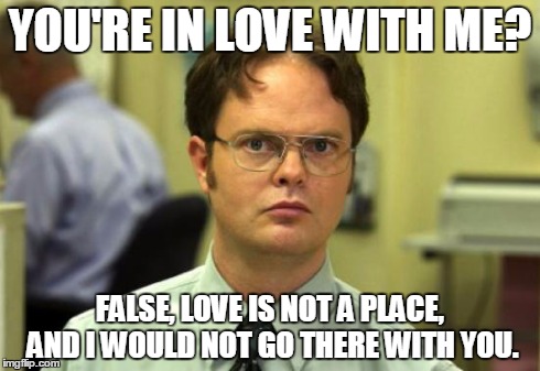 Dwight Schrute Meme | YOU'RE IN LOVE WITH ME? FALSE, LOVE IS NOT A PLACE, AND I WOULD NOT GO THERE WITH YOU. | image tagged in memes,dwight schrute | made w/ Imgflip meme maker