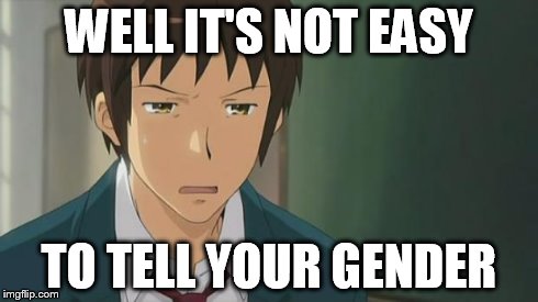 Kyon WTF | WELL IT'S NOT EASY TO TELL YOUR GENDER | image tagged in kyon wtf | made w/ Imgflip meme maker