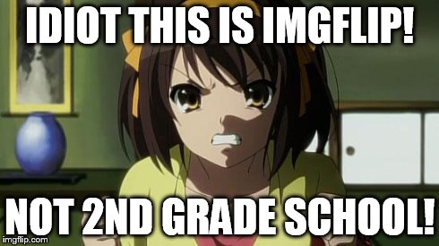 Angry Haruhi | IDIOT THIS IS IMGFLIP! NOT 2ND GRADE SCHOOL! | image tagged in angry haruhi | made w/ Imgflip meme maker