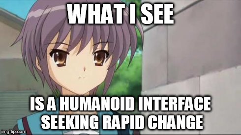 Nagato Blank Stare | WHAT I SEE IS A HUMANOID INTERFACE SEEKING RAPID CHANGE | image tagged in nagato blank stare | made w/ Imgflip meme maker