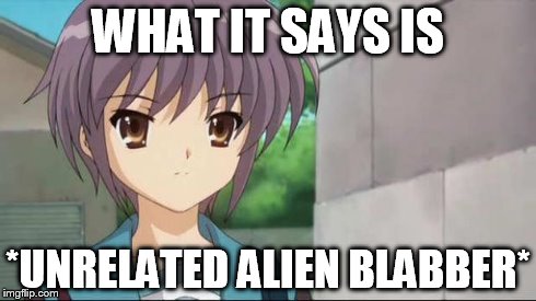 Nagato Blank Stare | WHAT IT SAYS IS *UNRELATED ALIEN BLABBER* | image tagged in nagato blank stare | made w/ Imgflip meme maker