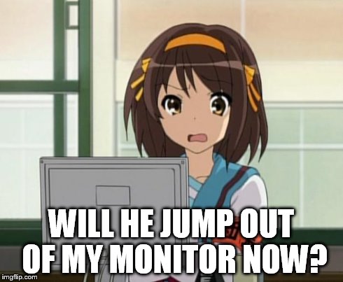 Haruhi Internet disturbed | WILL HE JUMP OUT OF MY MONITOR NOW? | image tagged in haruhi internet disturbed | made w/ Imgflip meme maker