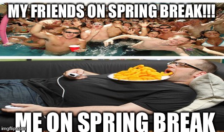 MY FRIENDS ON SPRING BREAK!!! ME ON SPRING BREAK | image tagged in spring break,party,lazy,fat,gamer | made w/ Imgflip meme maker