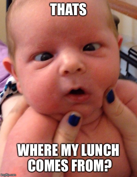 Baby meme | THATS WHERE MY LUNCH COMES FROM? | image tagged in baby,babies,happysadbabies,drunk baby,evil baby,confused baby | made w/ Imgflip meme maker