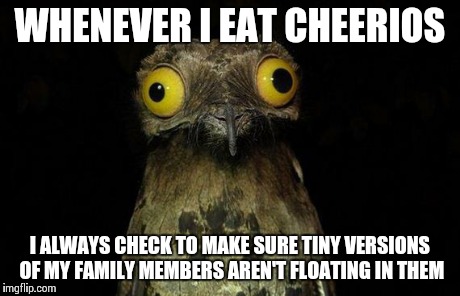 Weird Stuff I Do Potoo | WHENEVER I EAT CHEERIOS I ALWAYS CHECK TO MAKE SURE TINY VERSIONS OF MY FAMILY MEMBERS AREN'T FLOATING IN THEM | image tagged in memes,weird stuff i do potoo | made w/ Imgflip meme maker
