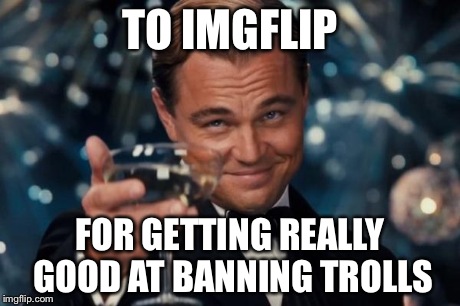 Leonardo Dicaprio Cheers Meme | TO IMGFLIP FOR GETTING REALLY GOOD AT BANNING TROLLS | image tagged in memes,leonardo dicaprio cheers | made w/ Imgflip meme maker