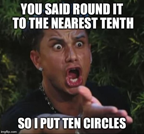 DJ Pauly D Meme | YOU SAID ROUND IT TO THE NEAREST TENTH SO I PUT TEN CIRCLES | image tagged in memes,dj pauly d | made w/ Imgflip meme maker