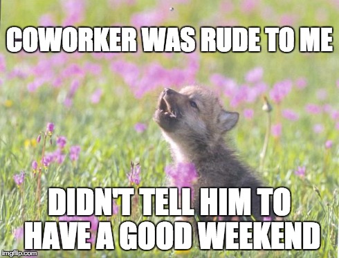Baby Insanity Wolf Meme | COWORKER WAS RUDE TO ME DIDN'T TELL HIM TO HAVE A GOOD WEEKEND | image tagged in memes,baby insanity wolf,AdviceAnimals | made w/ Imgflip meme maker