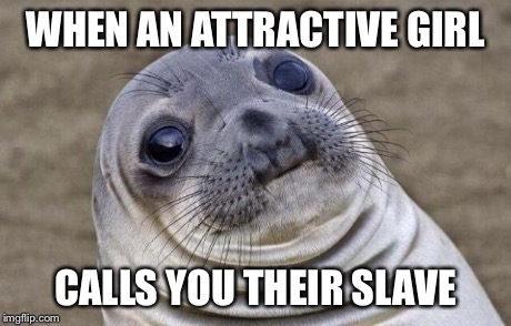 Awkward Moment Sealion | WHEN AN ATTRACTIVE GIRL CALLS YOU THEIR SLAVE | image tagged in memes,awkward moment sealion | made w/ Imgflip meme maker