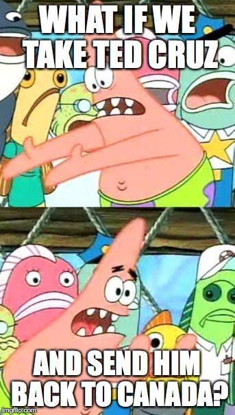 Put It Somewhere Else Patrick | WHAT IF WE TAKE TED CRUZ AND SEND HIM BACK TO CANADA? | image tagged in memes,put it somewhere else patrick | made w/ Imgflip meme maker