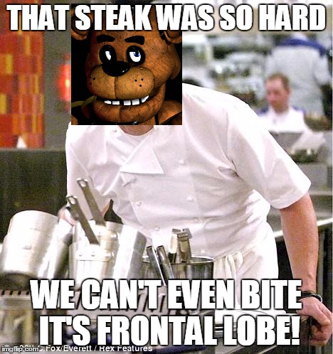 Chef Gordon Ramsay | THAT STEAK WAS SO HARD WE CAN'T EVEN BITE IT'S FRONTAL LOBE! | image tagged in memes,chef gordon ramsay,fnaf | made w/ Imgflip meme maker