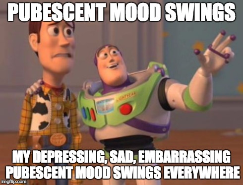 As i rethought my lfe | PUBESCENT MOOD SWINGS MY DEPRESSING, SAD, EMBARRASSING PUBESCENT MOOD SWINGS EVERYWHERE | image tagged in memes,x x everywhere | made w/ Imgflip meme maker