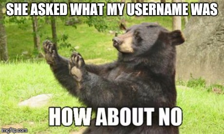 How About No Bear | SHE ASKED WHAT MY USERNAME WAS | image tagged in memes,how about no bear,AdviceAnimals | made w/ Imgflip meme maker
