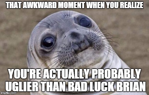 mainly cause of all my acne... maybe i should replace him  | THAT AWKWARD MOMENT WHEN YOU REALIZE YOU'RE ACTUALLY PROBABLY UGLIER THAN BAD LUCK BRIAN | image tagged in memes,awkward moment sealion | made w/ Imgflip meme maker