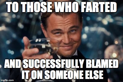 Leonardo Dicaprio Cheers Meme | TO THOSE WHO FARTED AND SUCCESSFULLY BLAMED IT ON SOMEONE ELSE | image tagged in memes,leonardo dicaprio cheers | made w/ Imgflip meme maker