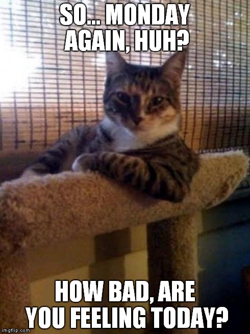 The Most Interesting Cat In The World | SO... MONDAY AGAIN, HUH? HOW BAD, ARE YOU FEELING TODAY? | image tagged in memes,the most interesting cat in the world | made w/ Imgflip meme maker