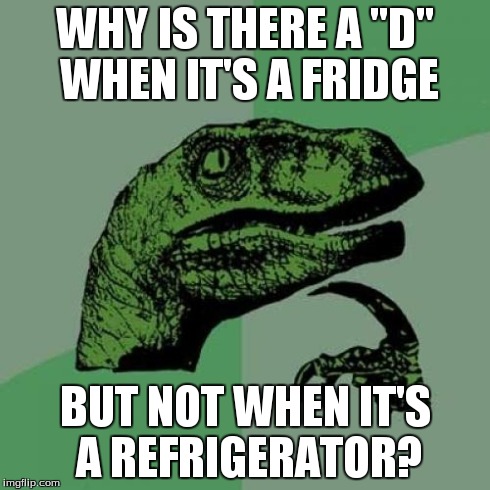 Philosoraptor Meme | WHY IS THERE A "D" WHEN IT'S A FRIDGE BUT NOT WHEN IT'S A REFRIGERATOR? | image tagged in memes,philosoraptor | made w/ Imgflip meme maker