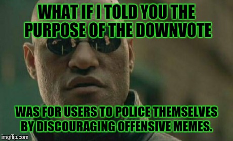 I've only been here a short time, but I'm starting to learn the social dynamic. :-) | WHAT IF I TOLD YOU THE PURPOSE OF THE DOWNVOTE WAS FOR USERS TO POLICE THEMSELVES BY DISCOURAGING OFFENSIVE MEMES. | image tagged in memes,matrix morpheus | made w/ Imgflip meme maker