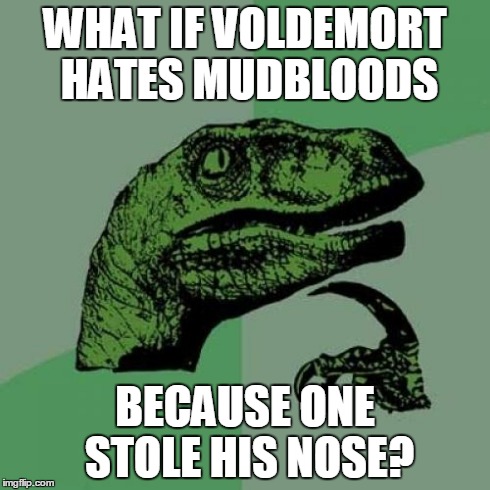 Philosoraptor | WHAT IF VOLDEMORT HATES MUDBLOODS BECAUSE ONE STOLE HIS NOSE? | image tagged in memes,philosoraptor | made w/ Imgflip meme maker