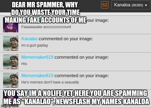 Nice spam | DEAR MR SPAMMER, WHY DO YOU WASTE YOUR TIME MAKING FAKE ACCOUNTS OF ME YOU SAY IM A NOLIFE YET HERE YOU ARE SPAMMING ME AS "KANALAO", NEWSFL | image tagged in notifications,fillip batcha,fake accounts,imgflip | made w/ Imgflip meme maker