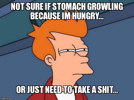 Futurama Fry Meme | NOT SURE IF STOMACH GROWLING BECAUSE IM HUNGRY... OR JUST NEED TO TAKE A SHIT... | image tagged in memes,futurama fry | made w/ Imgflip meme maker