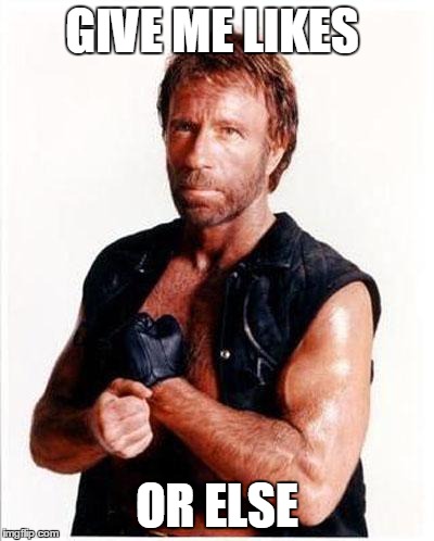 chuck norris 2 | GIVE ME LIKES OR ELSE | image tagged in chuck norris 2 | made w/ Imgflip meme maker