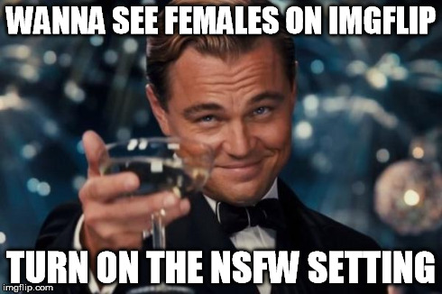 Leonardo Dicaprio Cheers Meme | WANNA SEE FEMALES ON IMGFLIP TURN ON THE NSFW SETTING | image tagged in memes,leonardo dicaprio cheers | made w/ Imgflip meme maker