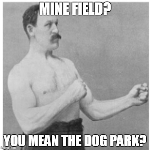 I like to think he has a very manly dog. | MINE FIELD? YOU MEAN THE DOG PARK? | image tagged in memes,overly manly man | made w/ Imgflip meme maker