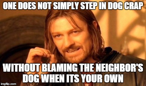 One Does Not Simply Meme | ONE DOES NOT SIMPLY STEP IN DOG CRAP WITHOUT BLAMING THE NEIGHBOR'S DOG WHEN ITS YOUR OWN | image tagged in memes,one does not simply | made w/ Imgflip meme maker