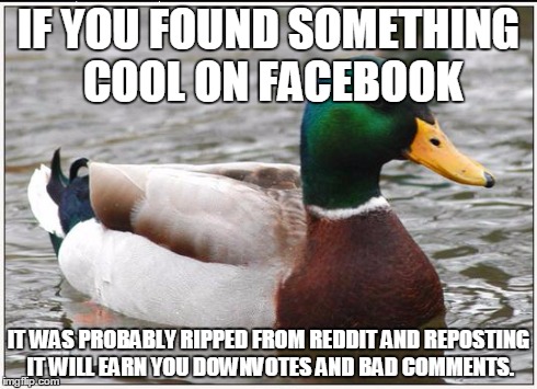 Actual Advice Mallard | IF YOU FOUND SOMETHING COOL ON FACEBOOK IT WAS PROBABLY RIPPED FROM REDDIT AND REPOSTING IT WILL EARN YOU DOWNVOTES AND BAD COMMENTS. | image tagged in memes,actual advice mallard,AdviceAnimals | made w/ Imgflip meme maker