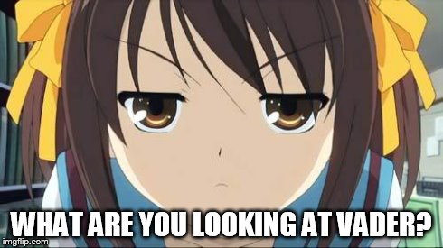 Haruhi stare | WHAT ARE YOU LOOKING AT VADER? | image tagged in haruhi stare | made w/ Imgflip meme maker