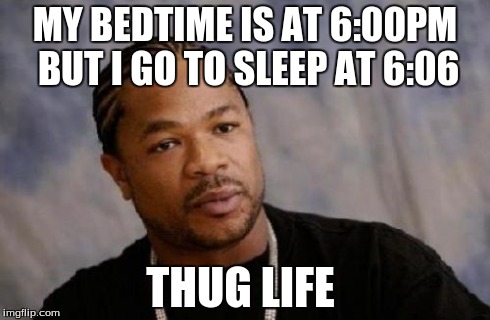 Serious Xzibit | MY BEDTIME IS AT 6:00PM BUT I GO TO SLEEP AT 6:06 THUG LIFE | image tagged in memes,serious xzibit | made w/ Imgflip meme maker