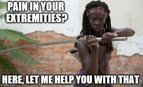 PAIN IN YOUR EXTREMITIES? HERE, LET ME HELP YOU WITH THAT | image tagged in michonne,the walking dead | made w/ Imgflip meme maker