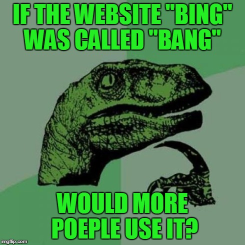 Philosoraptor | IF THE WEBSITE "BING" WAS CALLED "BANG" WOULD MORE POEPLE USE IT? | image tagged in memes,philosoraptor | made w/ Imgflip meme maker