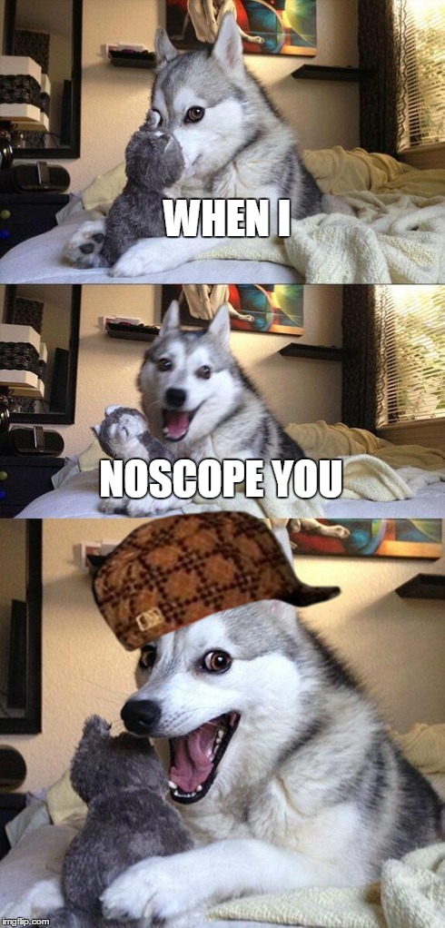 nOSCOPE Dog | WHEN I NOSCOPE YOU | image tagged in memes,bad pun dog,scumbag | made w/ Imgflip meme maker