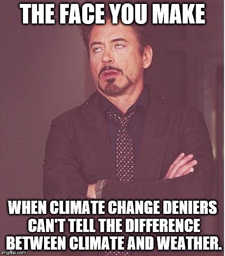 Face You Make Robert Downey Jr Meme | THE FACE YOU MAKE WHEN CLIMATE CHANGE DENIERS CAN'T TELL THE DIFFERENCE BETWEEN CLIMATE AND WEATHER. | image tagged in memes,face you make robert downey jr,sciencememes | made w/ Imgflip meme maker