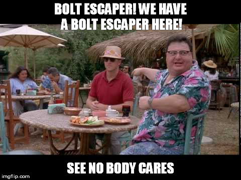 BOLT ESCAPER! WE HAVE A BOLT ESCAPER HERE! SEE NO BODY CARES | made w/ Imgflip meme maker
